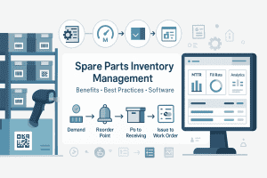 Illustration depicting spare parts inventory management from warehouse scanning and bin locations to software dashboards showing KPIs like MTTR, fill rate, and reorder workflows.