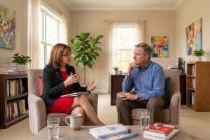 A man who and his dating coach, Amy Schoen, whom he has hired, meeting together.