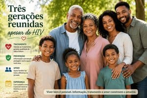 Três gerações de uma família reunidas e sorrindo em um parque, com a frase “Três gerações reunidas apesar do HIV”.