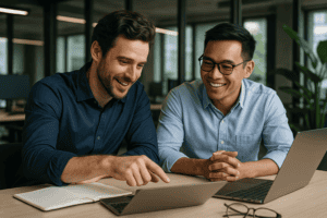 co-founder startup menyelaraskan visi misi di papan tulis