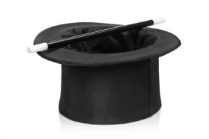 Top hat and a magic wand isolated against white background