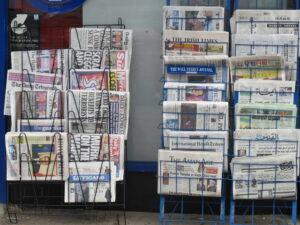 International newspapers at a suburban newsagent's shop
