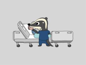 Illustration: Dachs vor Krankenhausbett mit Kind