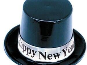 Black Top Hat with Silver Foil Happy New Year Band