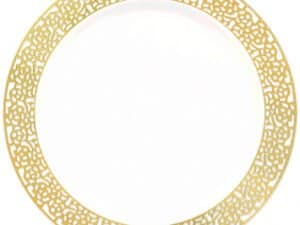 zPremium Plastic Plates 10" Dinner Plates, White With Gold Lace