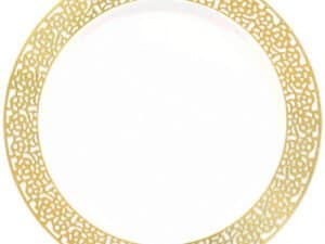 zPremium Plastic Plates 7 1/2", White with Gold Lace Dinner Plates