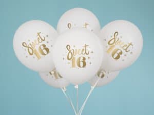 Sweet 16 Balloon Pack, White balloons with gold print