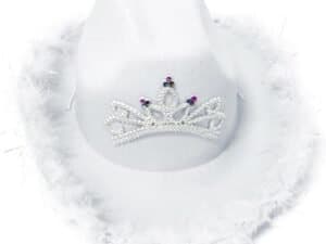 Cowboy Hat Western Cowgirl Hat with Feather Boa & Tiara, Felt Party Costume Hats for Adults, White