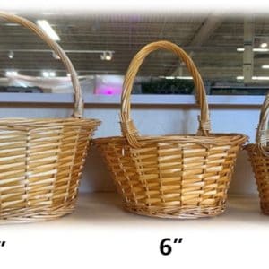 Three woven baskets of varying sizes with handles, labeled 4", 6", and 7".