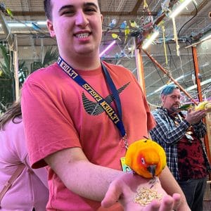 A man in a red shirt feeding a bright orange bird indoors.