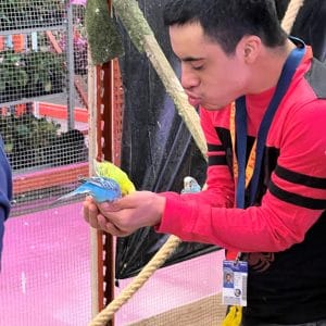 Man feeding a colorful bird from his hand outdoors.
