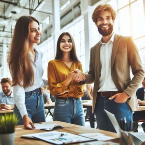 Supplier negotiations example showing people negotiating happily, dressed informally in an office.