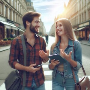 B2B commercial agreements example showing two people negotiating happily on the street with open spaces.