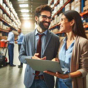 Recognition for achievements example showing two people negotiating happily in a warehouse with open spaces.