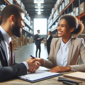 Labor negotiation example showing two people negotiating happily in a warehouse with open spaces.