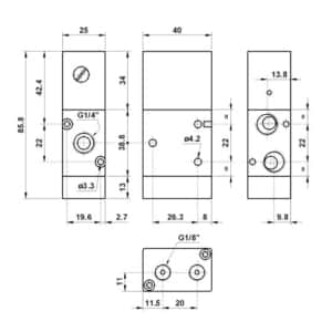 Válvula 3/2 – 1/4″ “OU” NF Comando Pneumático,retorno mola integrada ou elemento
