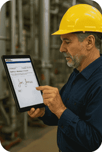 CMMS signature capture feature in action, with a person holding a pen to digitally sign work orders and maintenance documents