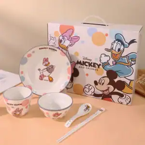 Disney Mickey Mouse 5-Piece Kids Dinner Set – Premium Ceramic Plate, Bowl, Cup, Spoon & Chopsticks Gift Set