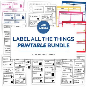 black and white and colorful printable labels with words and pictures for home organization
