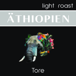 Elefantenkopf mit Stoßzähnen und Buntem Vogel beim linken Ohr im Äthiopien Label