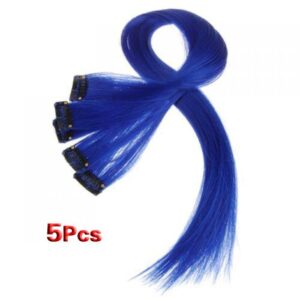 Blue Clip in Highlights Human Hair Straight Hair Extensions 5 Pieces/set 18 Inch Color Blue