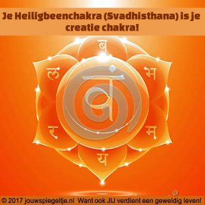 Afbeelding van de Heiligbeenchakra in de vorm van een oranje mandala met de tekst van de titel van dit artikel over de tweede chakra