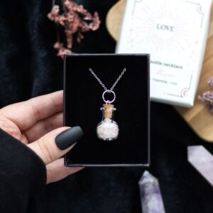 Collana con Bottiglia con Cristalli di Quarzo Rosa - Amore