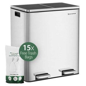 Home Zone Living 13 Gallon Kitchen Trash Can, Dual Compartment Recycle Combo, Slim Stainless Steel, 50 Liter