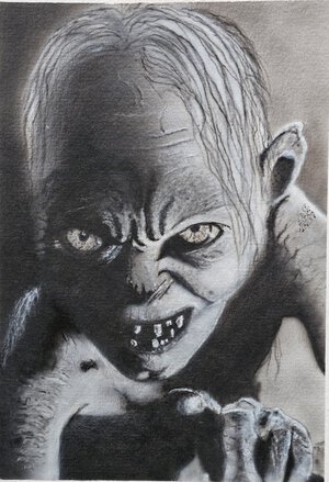 Gollum Sméagol Airbrush – Handgemaltes Fantasy-Porträt von Gollum mit zähnefletschendem, bösartigem Grinsen in reiner Freihand-Technik