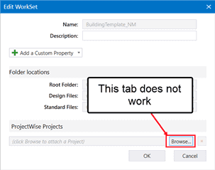 Capture d'écran du bouton "Parcourir" non fonctionnel dans ProjectWise Project.