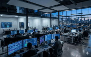 Modernes Tech-Büro mit Monitoren und kühler blau-grauer Beleuchtung