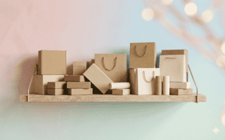 Stilvolles Produktregal im Webshop-Stil mit neutralen Verpackungen