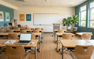 Helles modernes Klassenzimmer mit leeren Tischen, Laptop und leerer Tafel