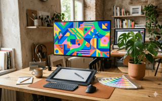 Designer-Schreibtisch im Kreativstudio mit Monitor, Zeichentablett und Farbfächern