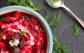 Vegan borsch recipe with beetroot, potato, carrot and dill