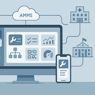 AMMS full form dashboard — Asset Maintenance Management System on desktop and mobile connecting via cloud to multiple facilities