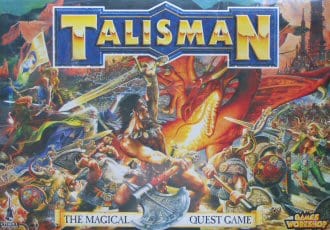 The colorful board game cover for Talisman: The Magical Quest Game features warriors and mythical creatures, including a dragon, in a fantasy battle scene reminiscent of a Dungeons & Dragons adventure. With bold artwork and a medieval theme, it captures the spirit of tabletop RPGs by Games Workshop.