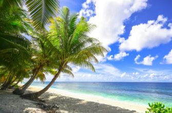 Отдых на Мальдивах: тропический пляж с пальмами, белый песок и лазурный океан