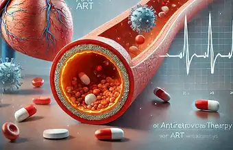 a imagem ilustrando a relação entre a infecção pelo HIV e os riscos cardiovasculares, especialmente o acúmulo de placas nas artérias, associado ao uso da terapia antirretroviral (TARV