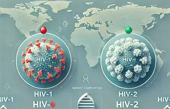 Ilustração sobre os Tipos de HIV: Uma imagem informativa mostrando a diferença entre HIV-1 e HIV-2. Visualize os dois vírus em destaque, com elementos que remetem à genética (como símbolos de DNA) e um mapa-múndi em segundo plano, destacando a África Ocidental para indicar a prevalência do HIV-