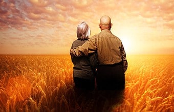 Casal idoso em um campo de trigo olhando o alvorecer