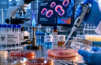 Laboratório de microbiologia com pipeta, placas de cultura, tubos de ensaio e teste de resistência da Neisseria gonorrhoeae a antibióticos.