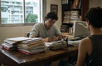 Advogado atende uma pessoa em escritório jurídico cercado de processos, no Rio de Janeiro dos anos 1990.