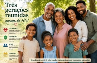 Três gerações de uma família reunidas e sorrindo em um parque, com a frase “Três gerações reunidas apesar do HIV”.