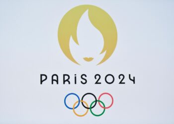 TOPSHOT - This picture taken on October 21, 2019 shows a logo during a logo presentation ceremony for Paris 2024 Olympic Games at the Grand Rex cinema in Paris. (Photo by STEPHANE DE SAKUTIN / AFP) (Photo by STEPHANE DE SAKUTIN/AFP via Getty Images)
