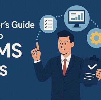 Illustrated cover image showing a business director in a suit holding a clipboard, surrounded by icons representing CMMS tools such as charts, checklists, and gears.
