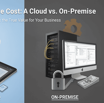 Infographic comparing cloud-based vs on-premise CMMS software costs with a tablet and cloud on the left and a server, desktop, and cash on the right