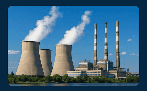 Landscape view of a power plant with cooling towers and tall smokestacks releasing steam, surrounded by greenery under a clear blue sky.