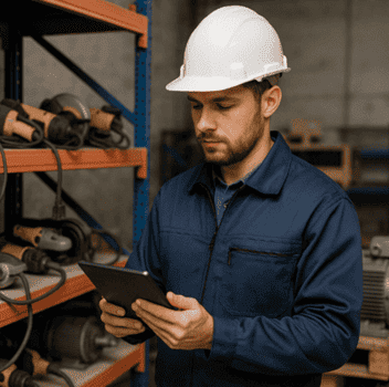 技术人员拿着平板电脑进行管理 eWorkOrders 资产预留请求