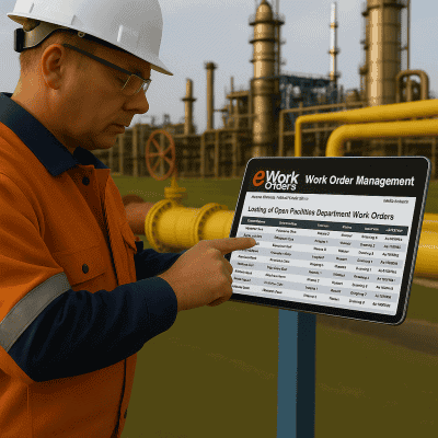 oil and gas maintenance software showing equipment inspection on a digital tablet in a refinery